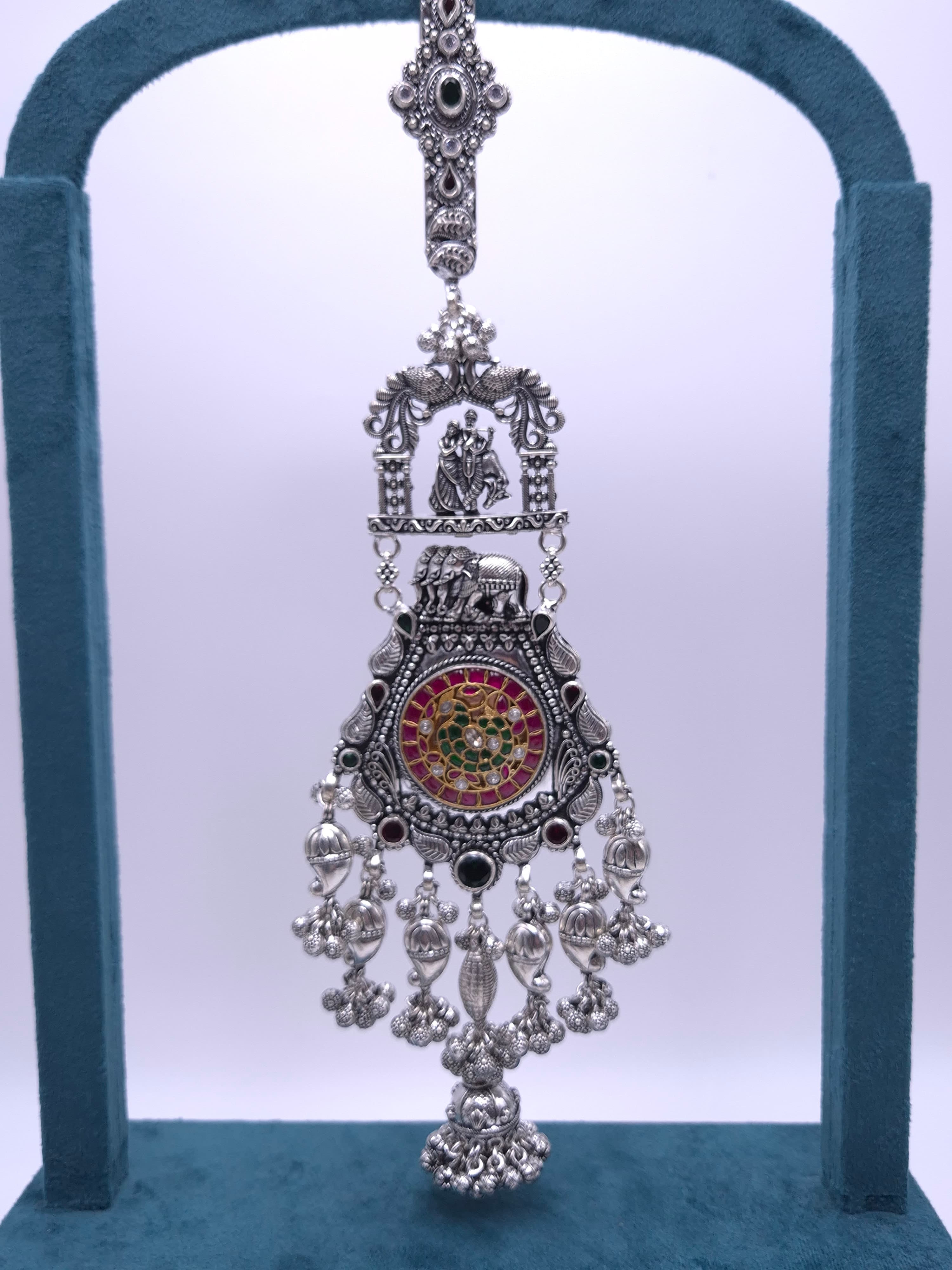 Radha Krishna Temple Design Silver Pendant with Elephant & Ghungroo Danglers (ZD-18)